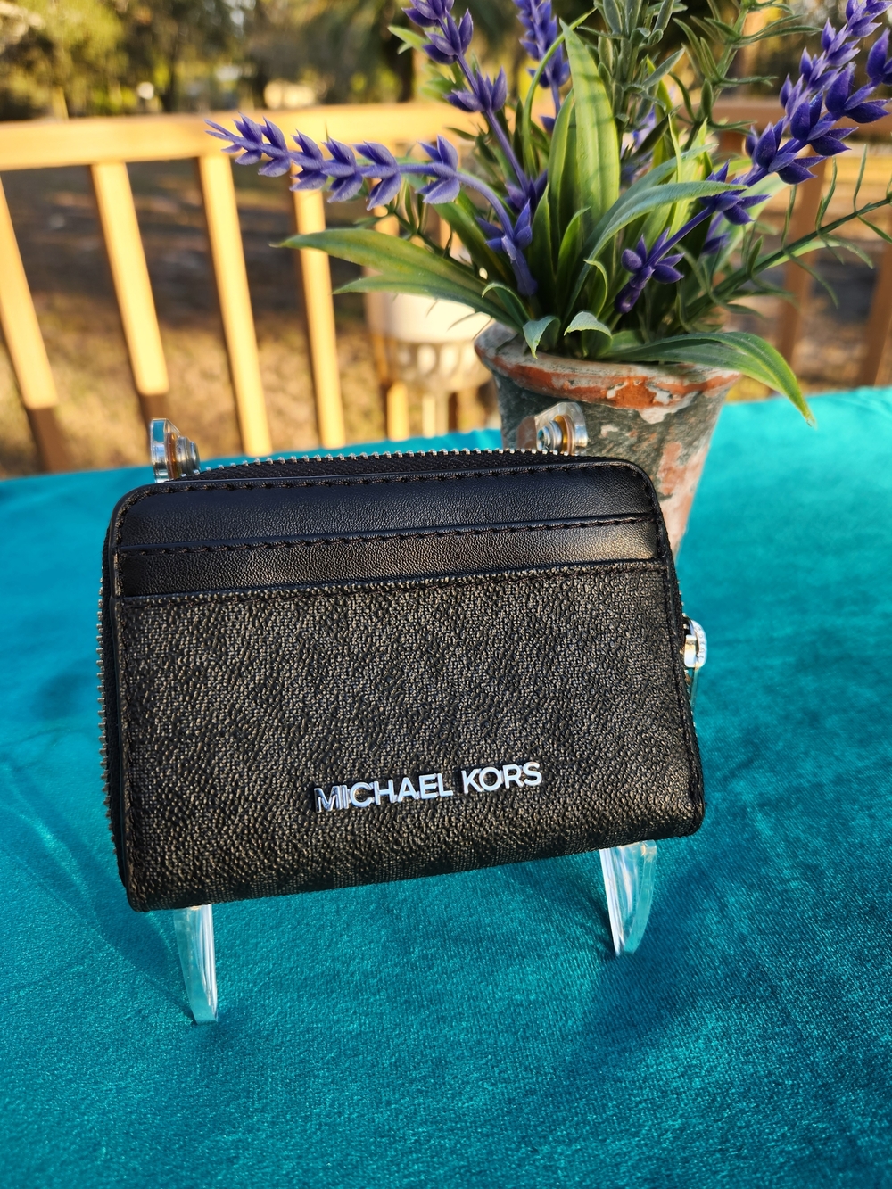 Michael Kors Black Pebbled Leather Credit Card Wallet with Silver Logo